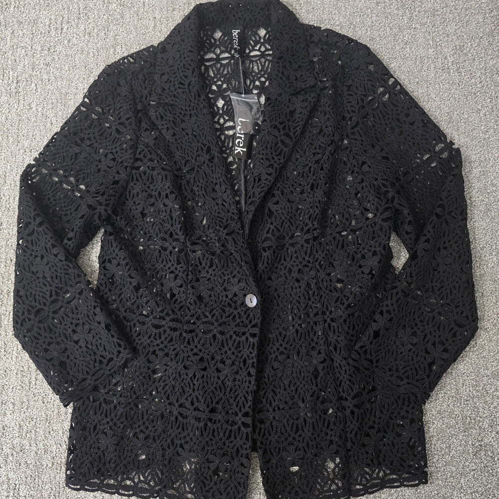 Berek Black Crochet Lace Blazer Jacket Sheer Floral Open Knit Boho Romantic L